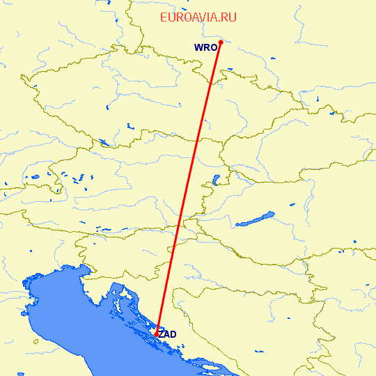 перелет Вроцлав — Задар на карте