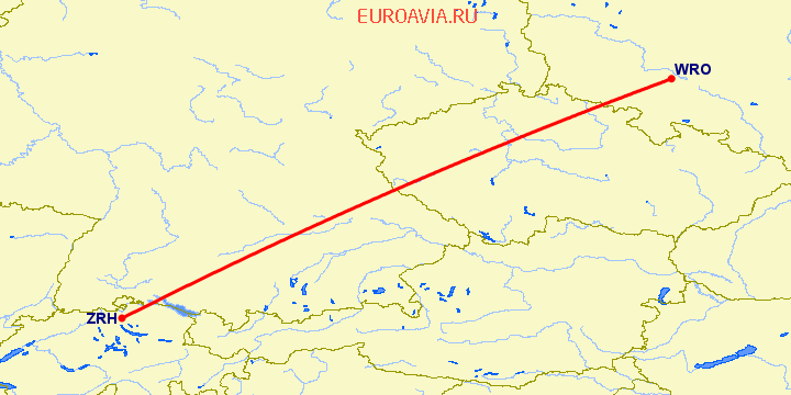 перелет Вроцлав — Цюрих на карте