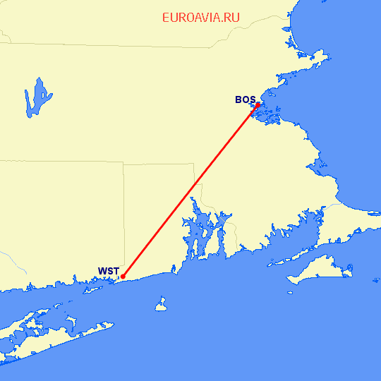 перелет Westerly — Бостон на карте