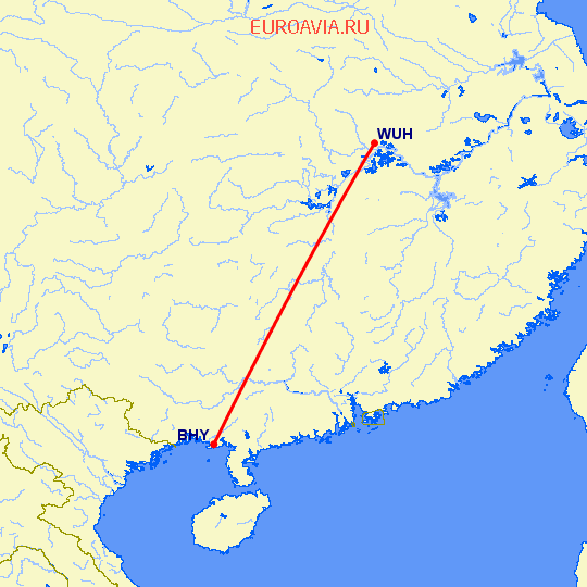 перелет Вухан — Бейхай на карте