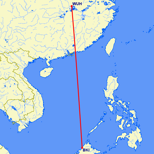 перелет Вухан — Kota-Kinabalu на карте