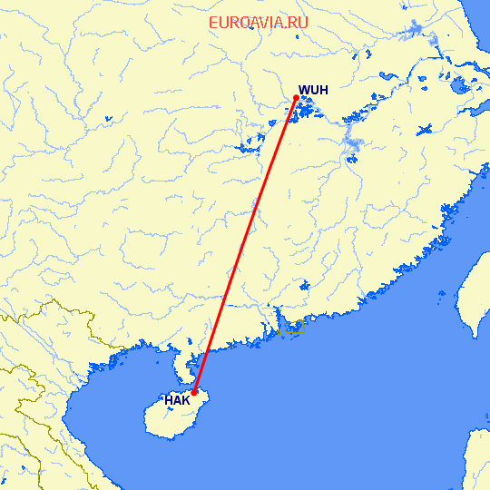перелет Вухан — Хайкоу на карте