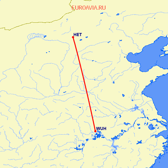 перелет Вухан — Хоххот на карте