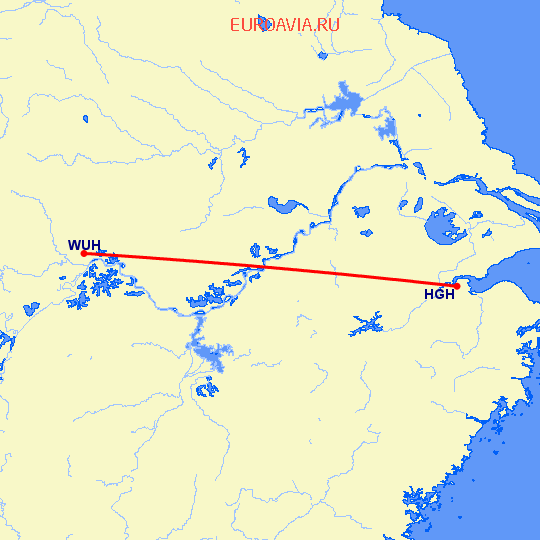 перелет Вухан — Ханчжоу на карте