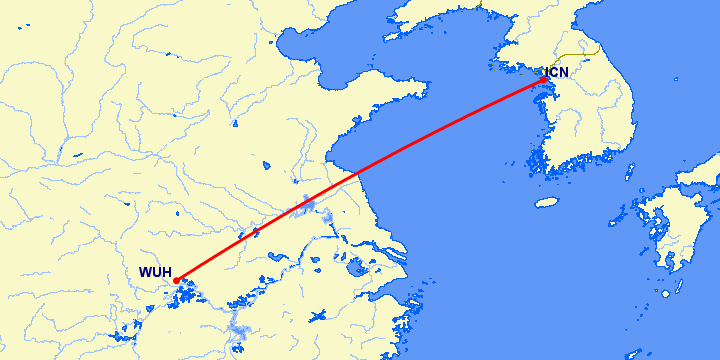 перелет Вухан — Сеул на карте