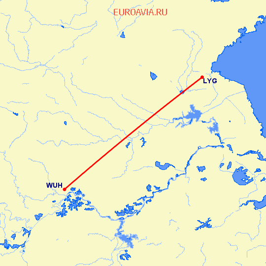 перелет Вухан — Лианьюнан на карте