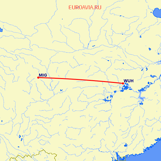 перелет Вухан — Mian Yang на карте