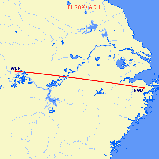 перелет Вухан — Нинбо на карте