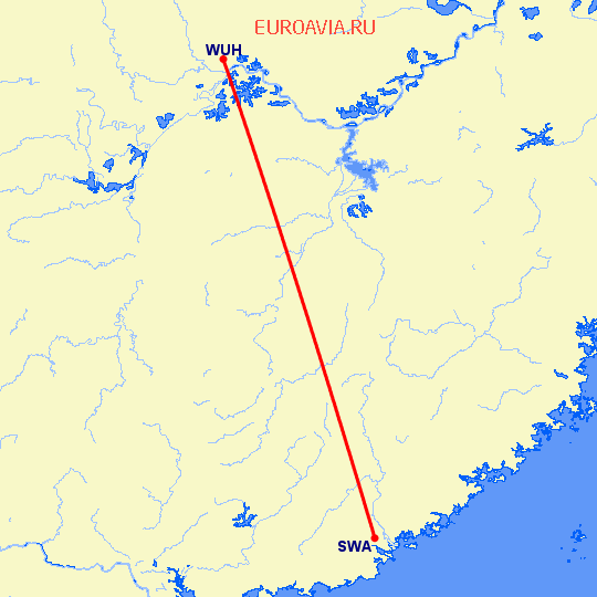 перелет Вухан — Шаньтоу на карте