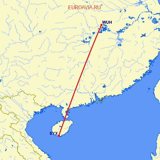 перелет Вухан — Санья на карте