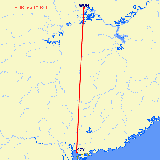 перелет Вухан — Шэньчжэнь на карте