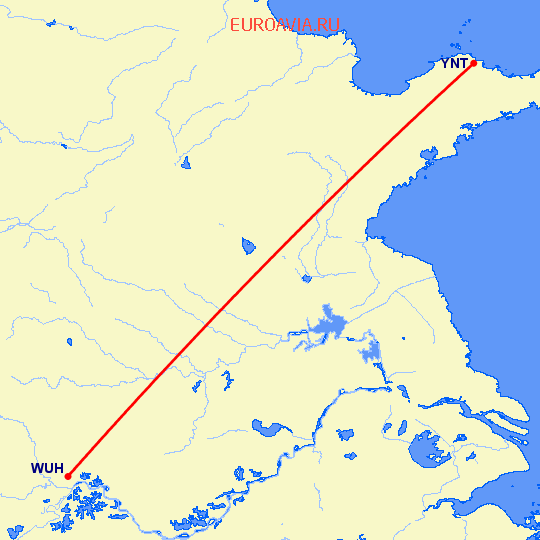 перелет Вухан — Янтай на карте