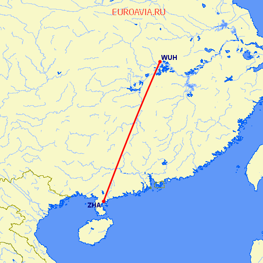 перелет Вухан — Чжаньчзян на карте