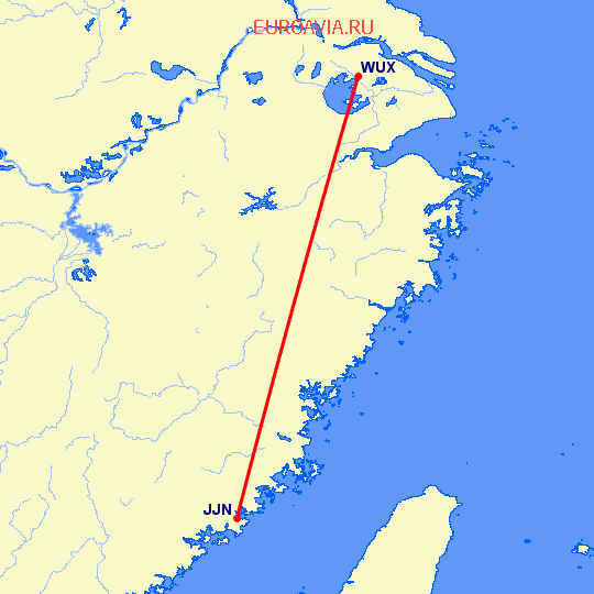 перелет Вуси — Цзиньян на карте