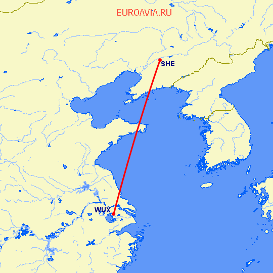перелет Вуси — Шеньян на карте