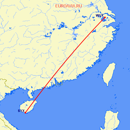 перелет Вуси — Санья на карте