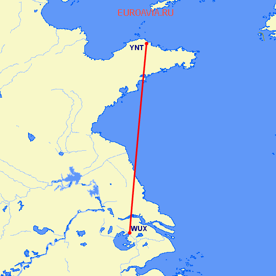 перелет Вуси — Янтай на карте