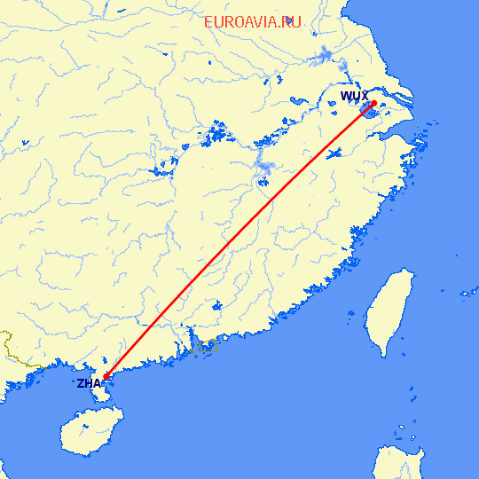 перелет Вуси — Чжаньчзян на карте