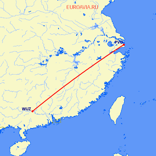 перелет Вучжоу — Шанхай на карте