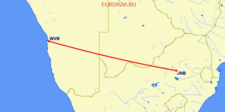 перелет Волвис Бей — Йоханнесбург на карте