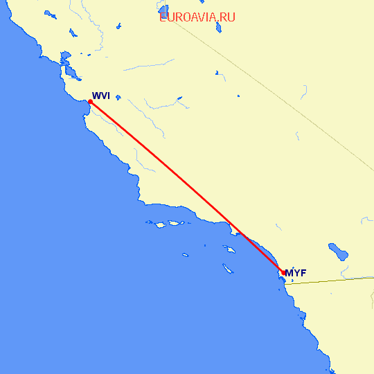 перелет Watsonville — Сан Диего на карте