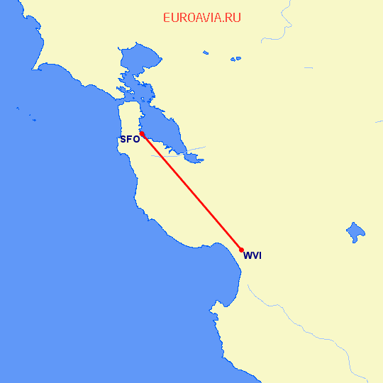 перелет Watsonville — Сан Франциско на карте