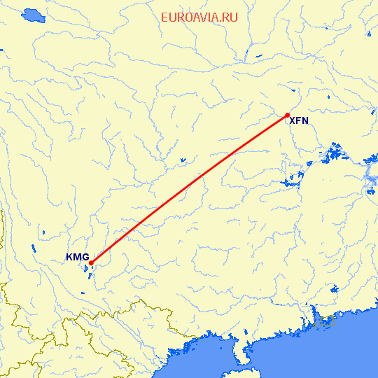 перелет Сянфань — Кунминг на карте
