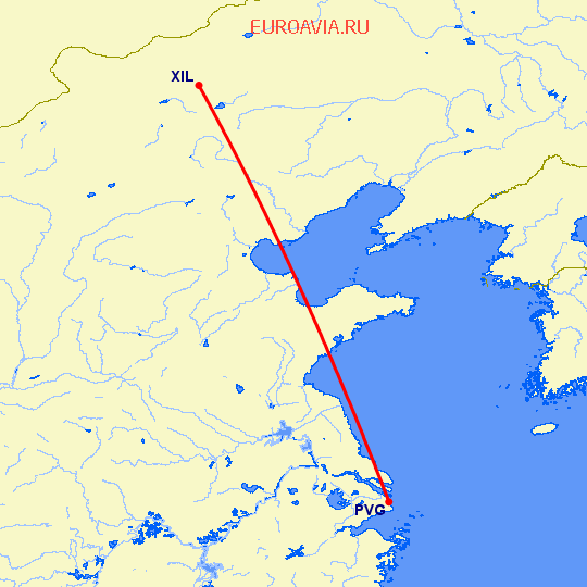 перелет Хайлиньхот — Шанхай на карте