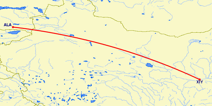 перелет Синьян — Алматы на карте
