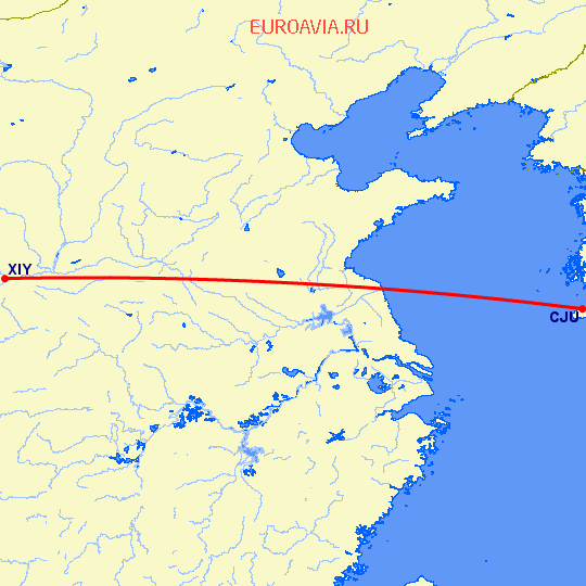 перелет Синьян — Jeju на карте