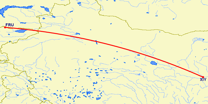 перелет Синьян — Бишкек на карте