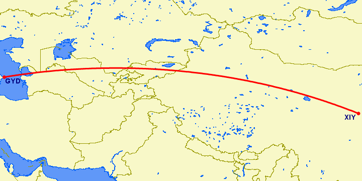 перелет Синьян — Баку на карте