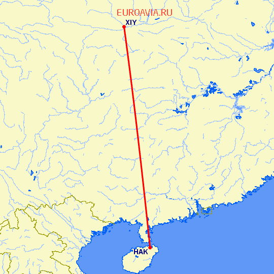 перелет Синьян — Хайкоу на карте