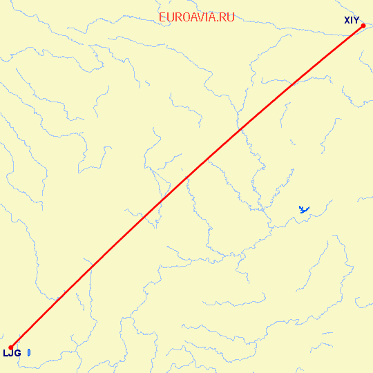 перелет Синьян — Лицзян на карте