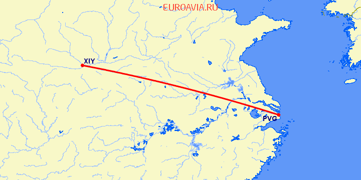 перелет Синьян — Шанхай на карте