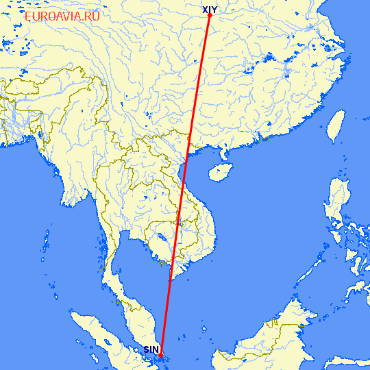 перелет Синьян — Сингапур на карте