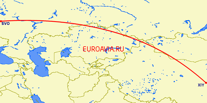 перелет Синьян — Москва на карте