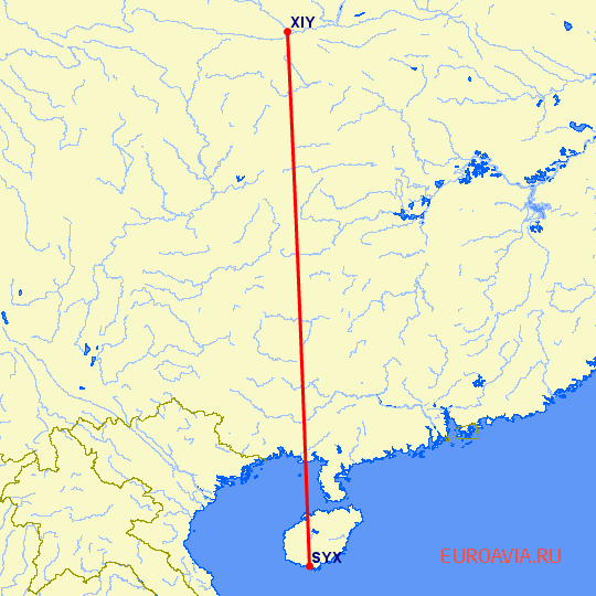 перелет Синьян — Санья на карте