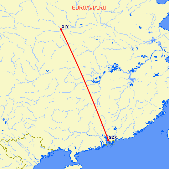 перелет Синьян — Шэньчжэнь на карте