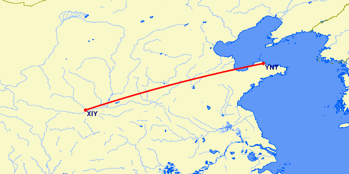 перелет Синьян — Янтай на карте