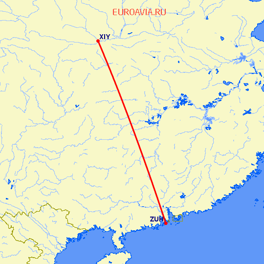 перелет Синьян — Чжухай на карте