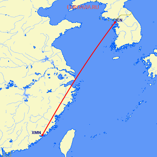 перелет Сямэнь — Сеул на карте