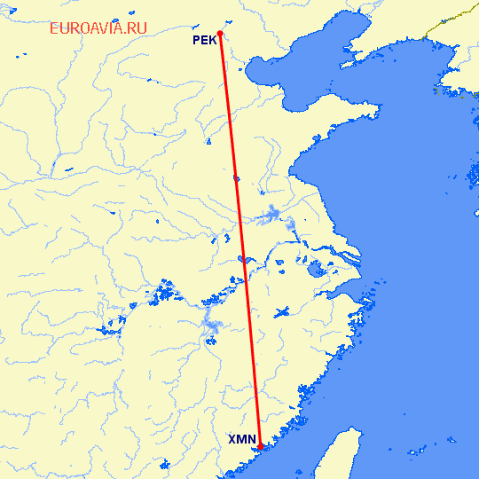 перелет Сямэнь — Пекин на карте