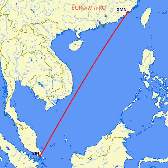 перелет Сямэнь — Сингапур на карте