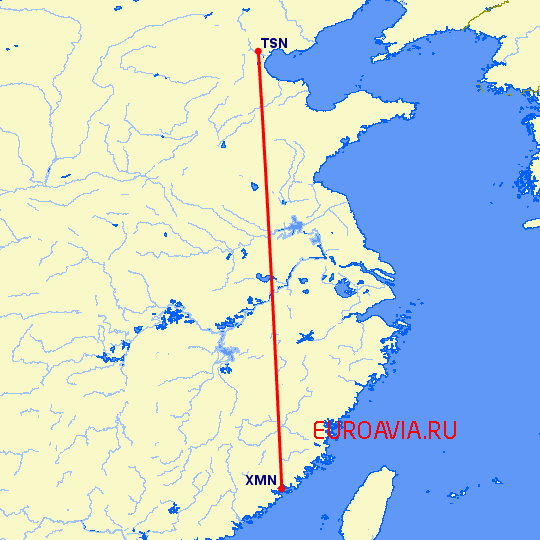 перелет Сямэнь — Тяньцзинь на карте