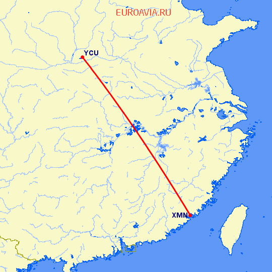 перелет Сямэнь — Yun Cheng на карте