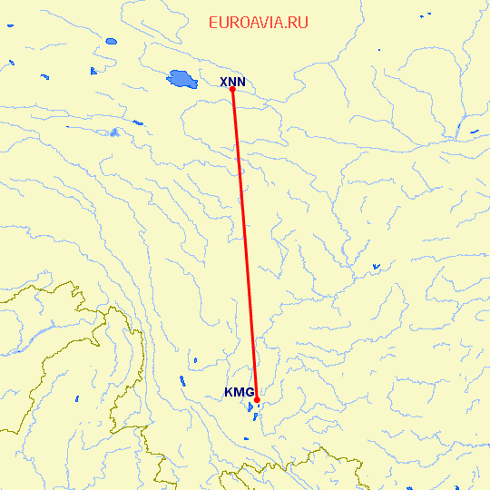 перелет Хайнин — Кунминг на карте