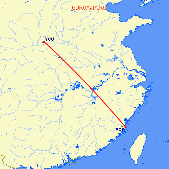 перелет Yun Cheng — Фучжоу на карте