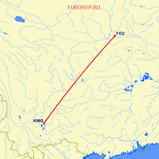 перелет Yun Cheng — Кунминг на карте
