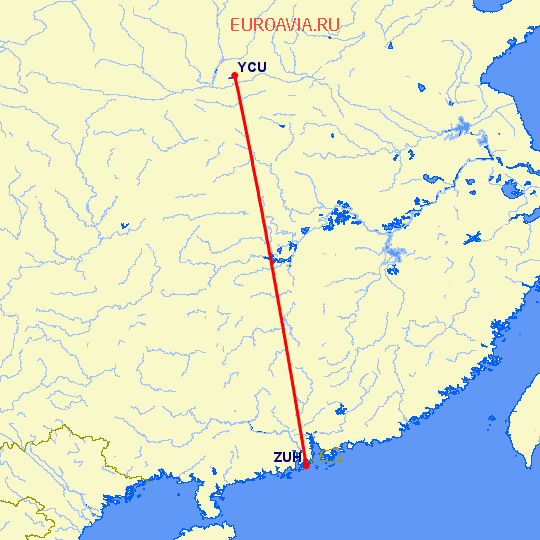 перелет Yun Cheng — Чжухай на карте